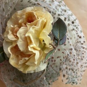 Coronation/Derby hat and Antique silk yellow  flower hat  wTrafari brooch o/p 95